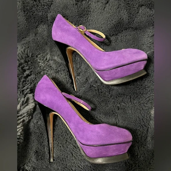 Kid Scamosciato Tribute 105 Platform Mary Jane Peep Toe Pumps 36 Viola - Picture 2 of 11